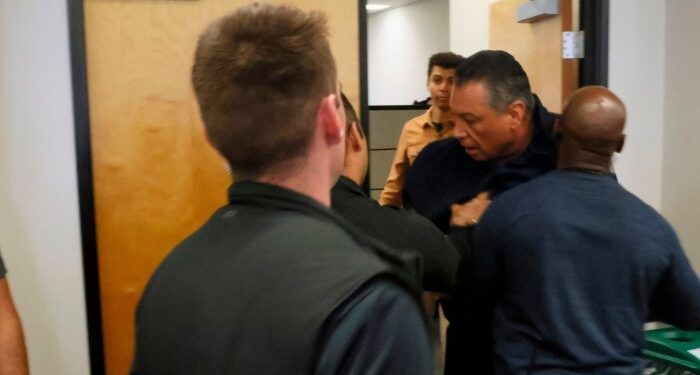 US Senator Alex Padilla wrestled to floor at Los Angeles information convention